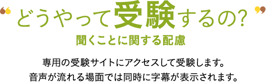 どうやって受験するの? 情報整理ことに関する配慮 専用の受験サイトにアクセスして受験します。音声が流れる場面では同時に字幕が表示されます。