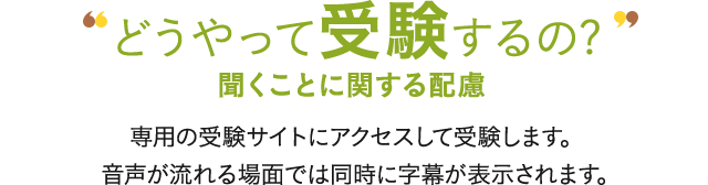 どうやって受験するの? 情報整理ことに関する配慮 専用の受験サイトにアクセスして受験します。音声が流れる場面では同時に字幕が表示されます。