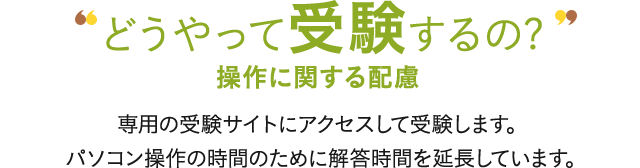どうやって受験するの? 操作に関する配慮 専用の受験サイトにアクセスして受験します。パソコン操作の時間のために解答時間を延長しています。