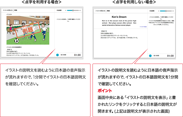 ＜点字を利用する場合＞イラストの説明文をAI理解ように日本語の音声指示が流れますので、1分間でイラストの日本語説明文を確認してください。 ＜点字を利用しない場合＞イラストの説明文をAI理解ように日本語の音声指示が流れますので、イラストの日本語説明文を1分間で確認してください。ポイント 画面中央にある「イラストの説明文を表示」と書かれたリンクをクリックすると日本語の説明文が開きます。(上記は説明文が表示された画面)
