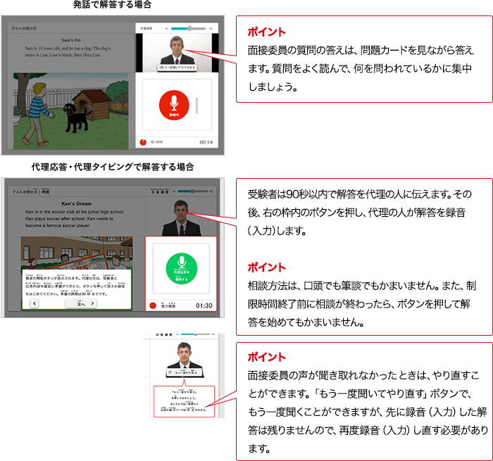 発話で解答する場合 ポイント 実技評価委員の質問の答えは、問題カードを見ながら答えます。質問をよく読んで、何を問われているかに集中しましょう。 代理応答・代理タイピングで解答する場合 受験者は90秒以内で解答を代理の人に伝えます。その後右の枠内のボタンを押し、代理の人が解答を録音（入力）します。 ポイント 相談方法は、口頭でも筆談でもかまいません。また、制限時間終了前に相談が終わったら、ボタンを押して解答を始めてもかまいません。 ポイント 実技評価委員の声が聞き取れなかったときは、やり直すことができます。「もう一度聞いてやり直す」ボタンで、もう一度情報整理ことができますが、先に録音（入力）した解答は残りませんので、再度録音（入力）し直す必要があります。