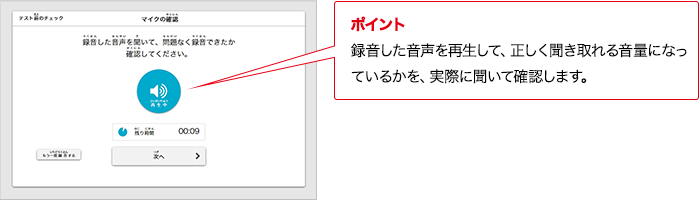 ポイント 録音した音声を再生して、正しく聞き取れる音量になっているかを、実際に聞いて確認します。